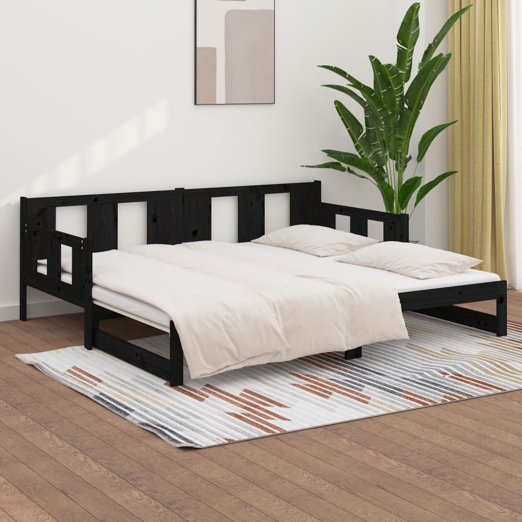 fekete tömör fenyőfa kihúzható kanapéágy 2 x (80 x 200) cm