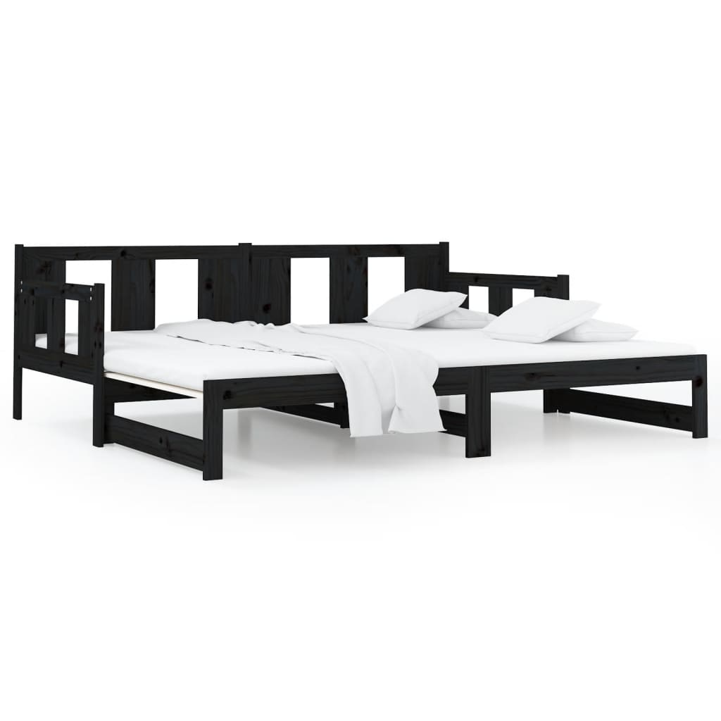 fekete tömör fenyőfa kihúzható kanapéágy 2 x (80 x 200) cm