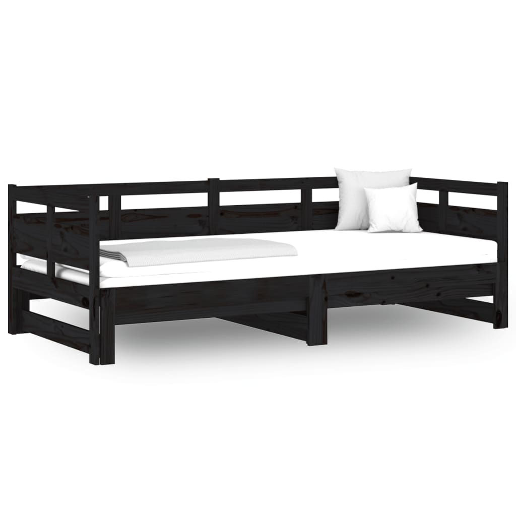 fekete tömör fenyőfa kihúzható kanapéágy 2 x (80 x 200) cm