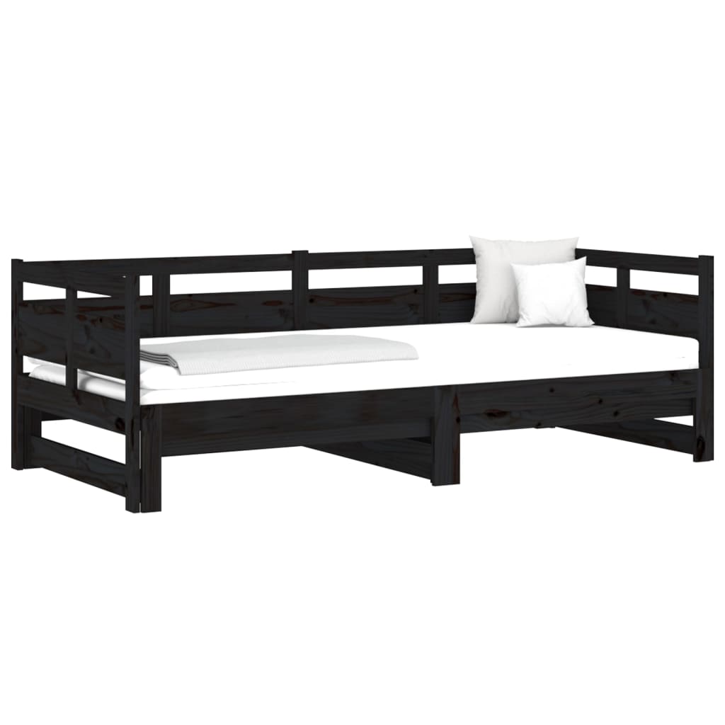 fekete tömör fenyőfa kihúzható kanapéágy 2 x (80 x 200) cm
