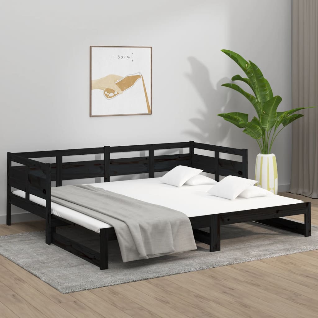 fekete tömör fenyőfa kihúzható kanapéágy 2 x (80 x 200) cm