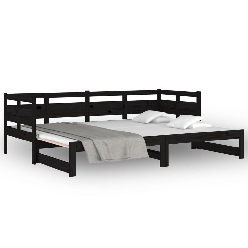 fekete tömör fenyőfa kihúzható kanapéágy 2 x (80 x 200) cm