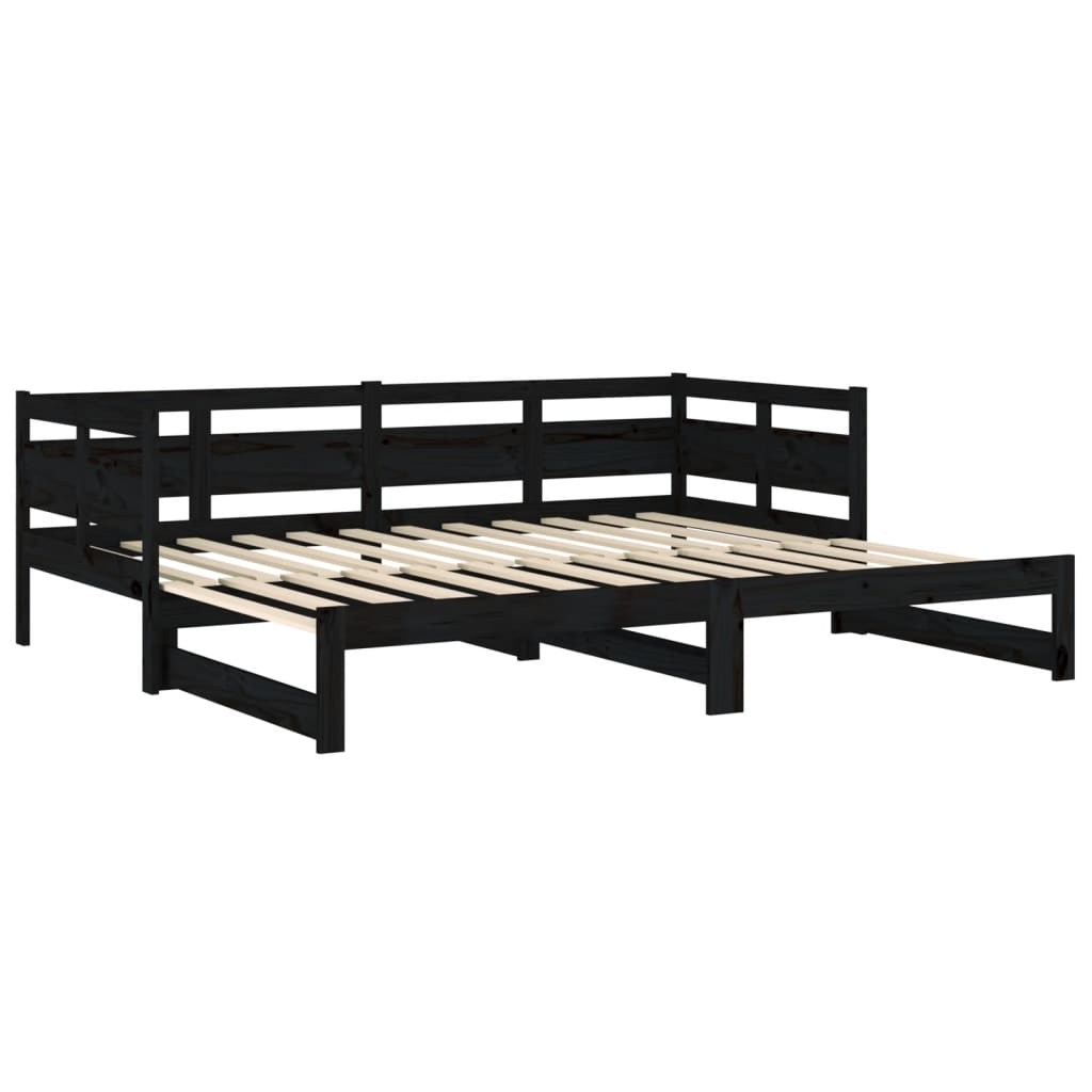fekete tömör fenyőfa kihúzható kanapéágy 2 x (80 x 200) cm