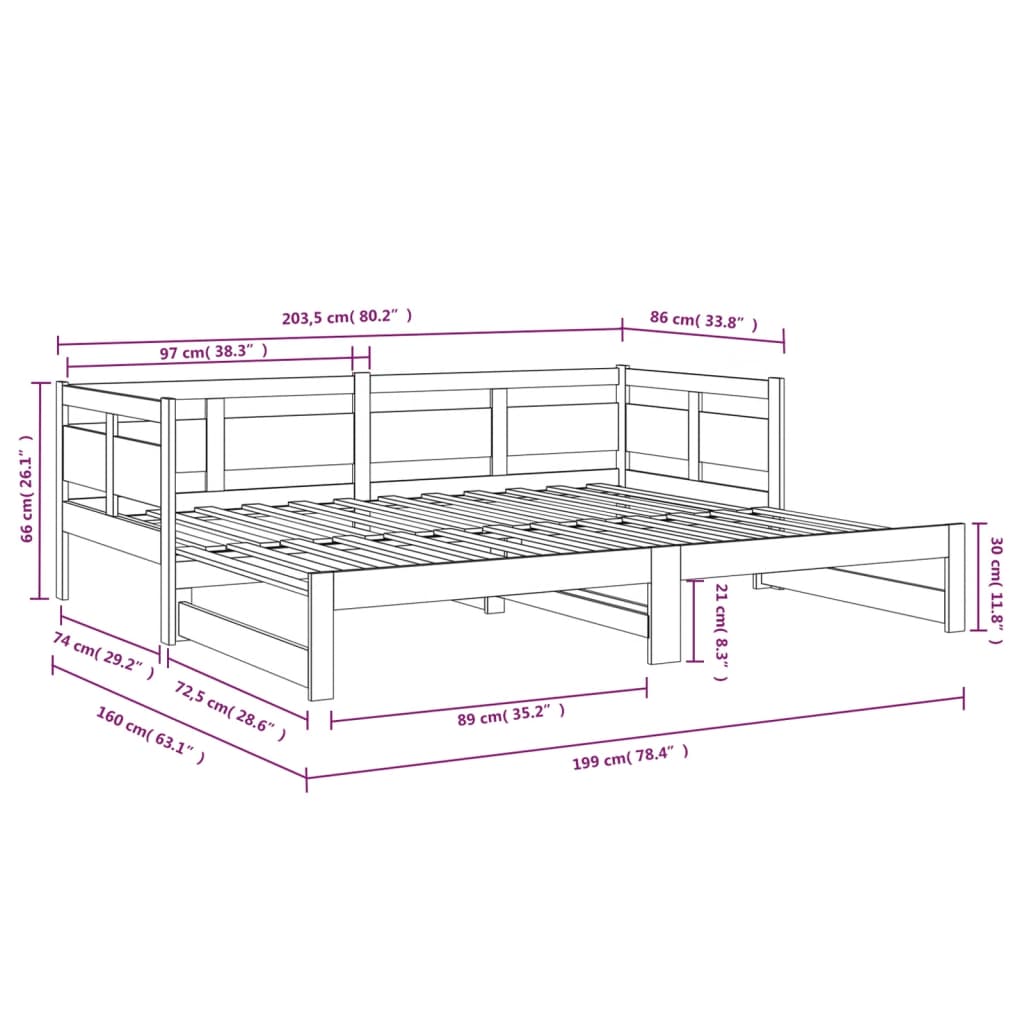 fekete tömör fenyőfa kihúzható kanapéágy 2 x (80 x 200) cm