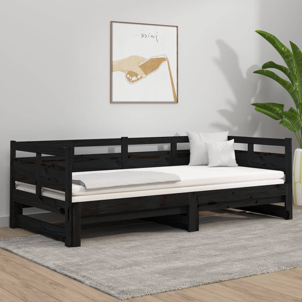fekete tömör fenyőfa kihúzható kanapéágy 2 x (80 x 200) cm