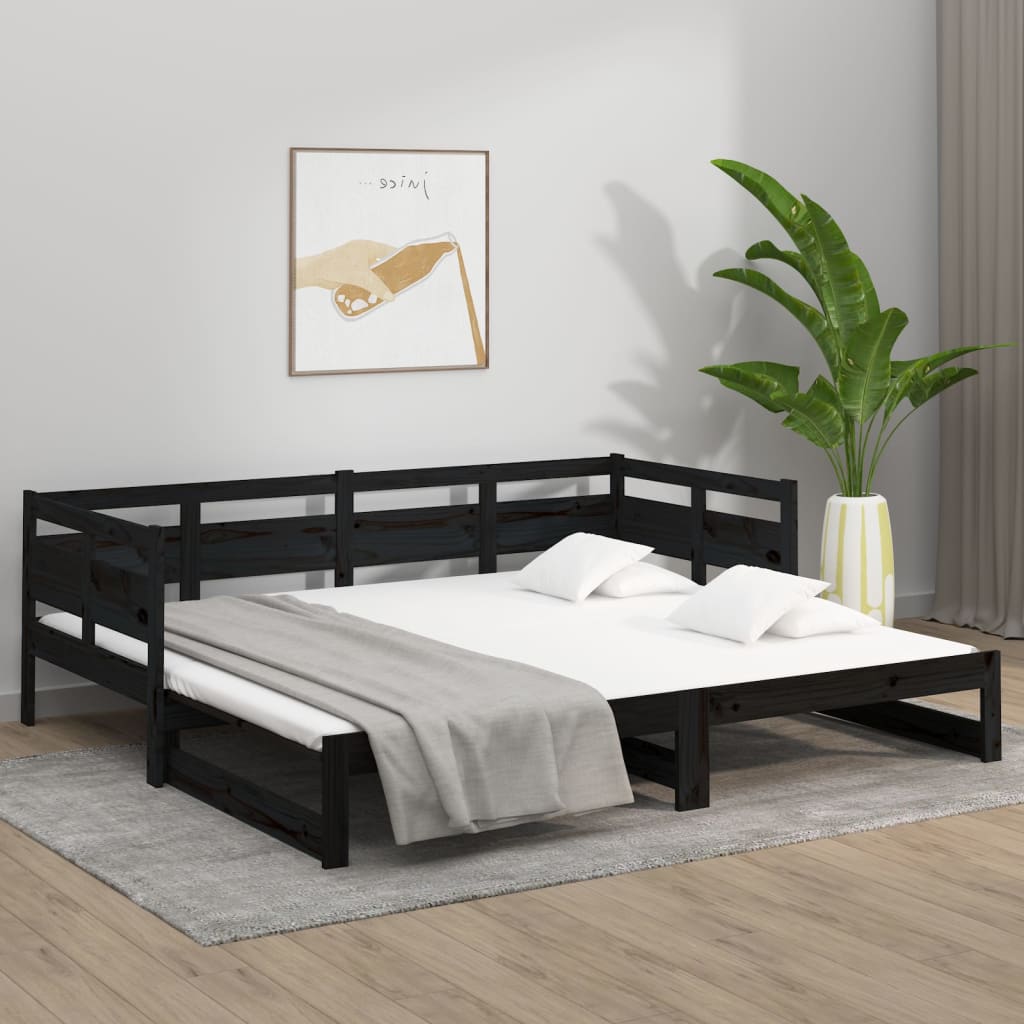 fekete tömör fenyőfa kihúzható kanapéágy 2 x (90 x 190) cm