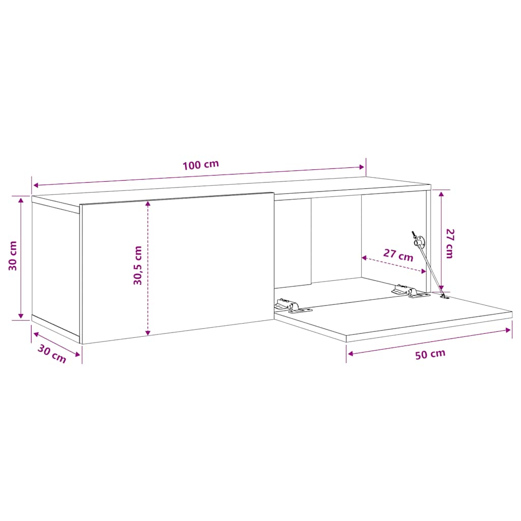 2 db betonszürke szerelt fa fali TV-szekrény 100 x 30 x 30 cm