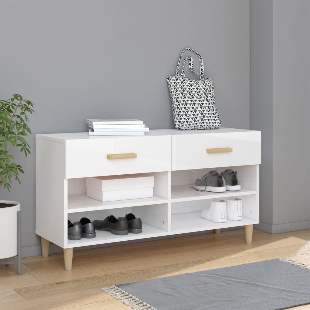 magasfényű fehér szerelt fa cipőszekrény 102x35x55 cm