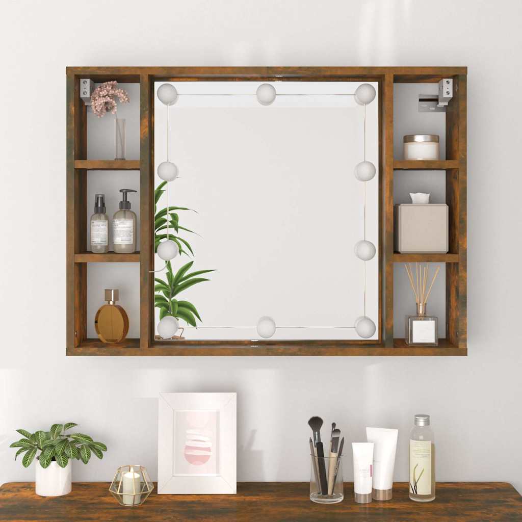 füstös tölgy színű tükrös szekrény LED-ekkel 76 x 15 x 55 cm