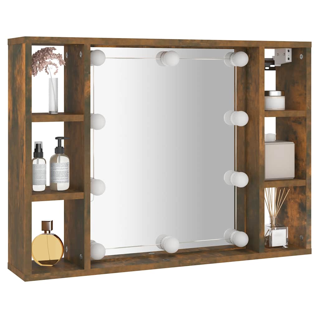füstös tölgy színű tükrös szekrény LED-ekkel 76 x 15 x 55 cm