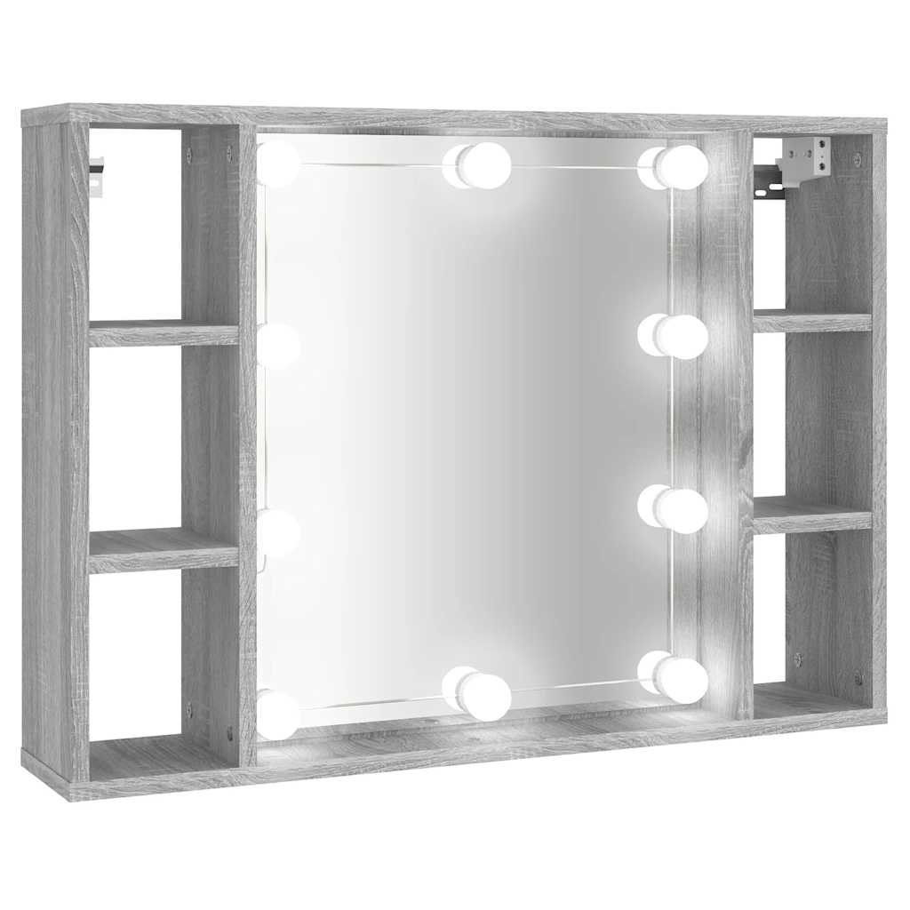 szürke sonoma színű tükrös szekrény LED-ekkel 76 x 15 x 55 cm