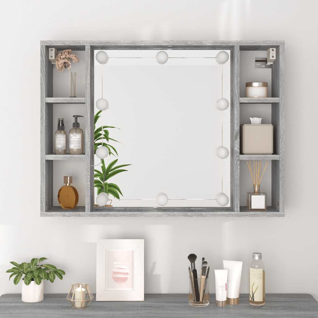 szürke sonoma színű tükrös szekrény LED-ekkel 76 x 15 x 55 cm