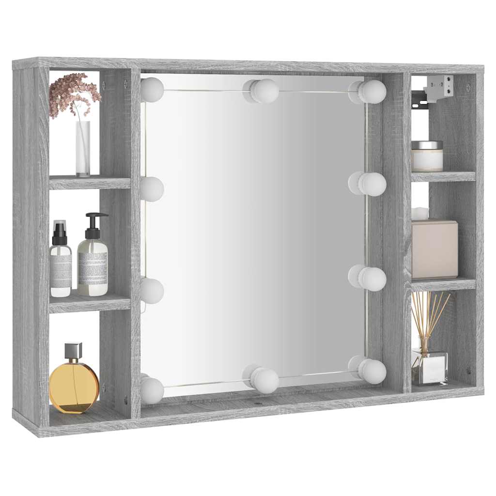 szürke sonoma színű tükrös szekrény LED-ekkel 76 x 15 x 55 cm