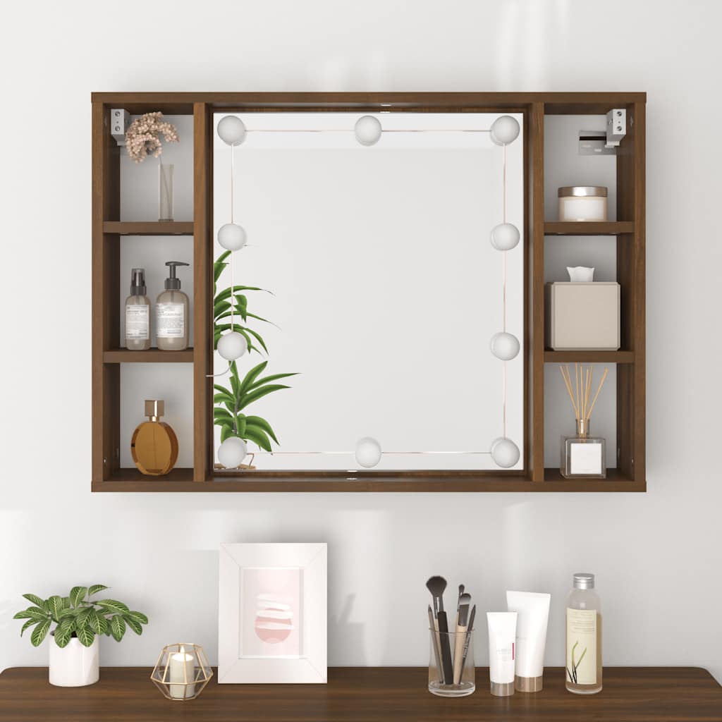 barna tölgyszínű tükrös szekrény LED-ekkel 76 x 15 x 55 cm