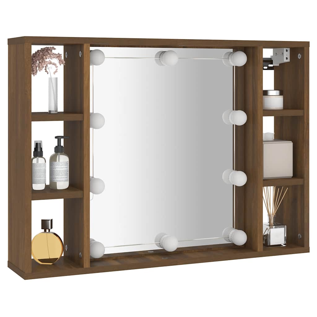 barna tölgyszínű tükrös szekrény LED-ekkel 76 x 15 x 55 cm