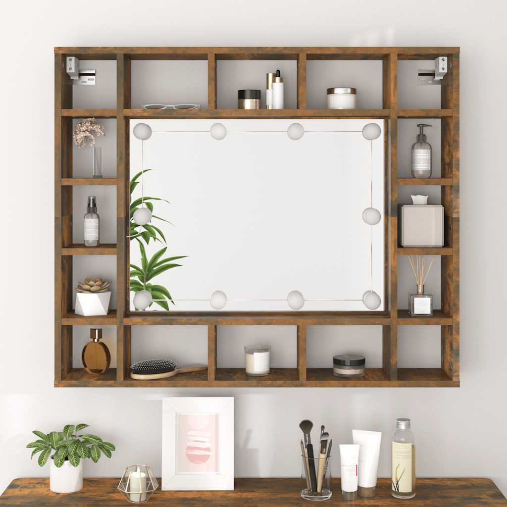 füstös tölgy színű tükrös szekrény LED-ekkel 91 x 15 x 76,5 cm