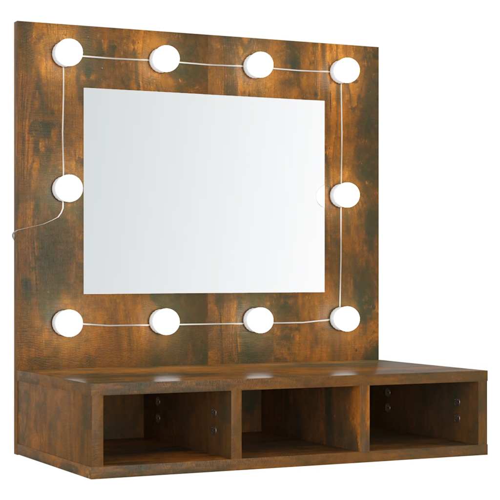 füstös tölgy színű tükrös szekrény LED-ekkel 60 x 31,5 x 62 cm
