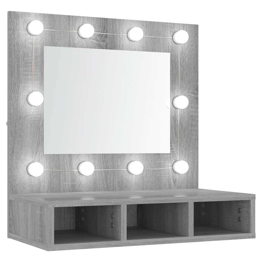 szürke sonoma színű tükrös szekrény LED-ekkel 60 x 31,5 x 62 cm