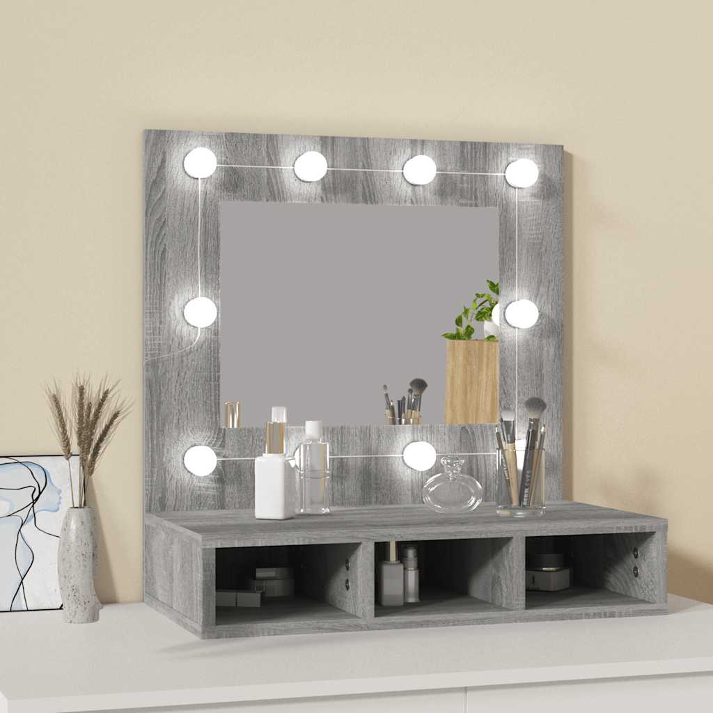 szürke sonoma színű tükrös szekrény LED-ekkel 60 x 31,5 x 62 cm