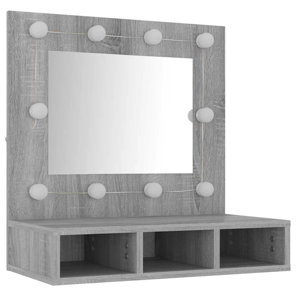szürke sonoma színű tükrös szekrény LED-ekkel 60 x 31,5 x 62 cm
