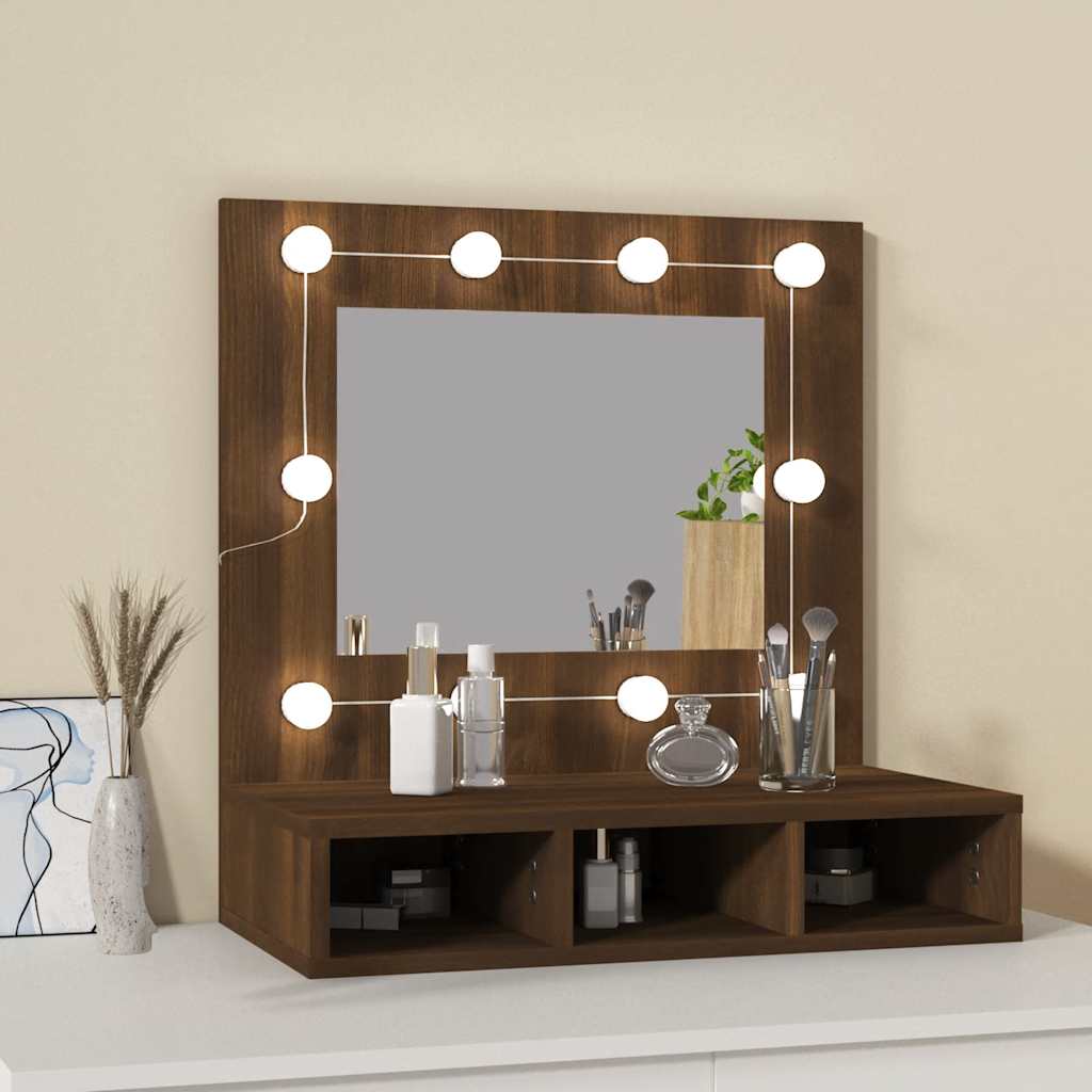 barna tölgy színű tükrös szekrény LED-ekkel 60 x 31,5 x 62 cm
