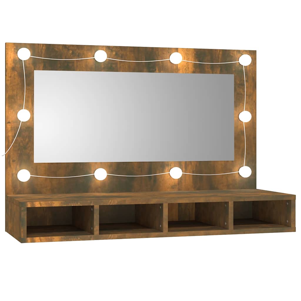 füstös tölgy színű tükrös szekrény LED-ekkel 90 x 31,5 x 62 cm
