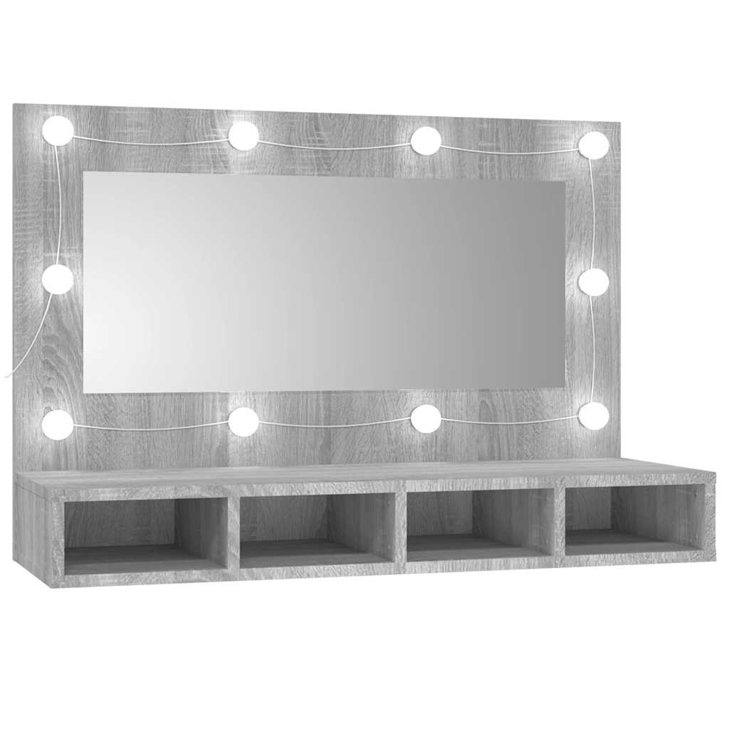 szürke sonoma színű tükrös szekrény LED-ekkel 90 x 31,5 x 62 cm