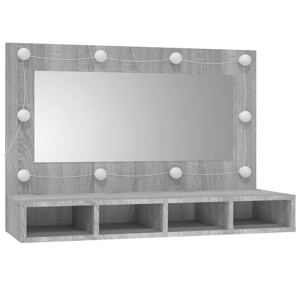 szürke sonoma színű tükrös szekrény LED-ekkel 90 x 31,5 x 62 cm