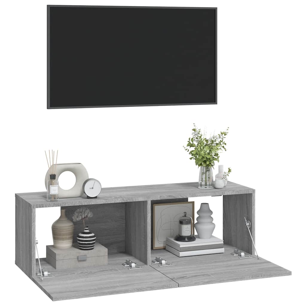 2 db szürke -tölgyszín szerelt fa fali TV-szekrény 100x30x30 cm