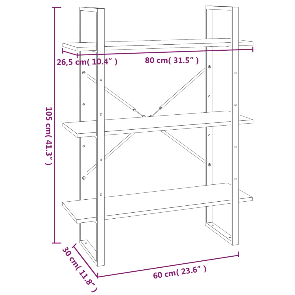 5 szintes szürke sonoma szerelt fa könyvszekrény 80x30x175 cm