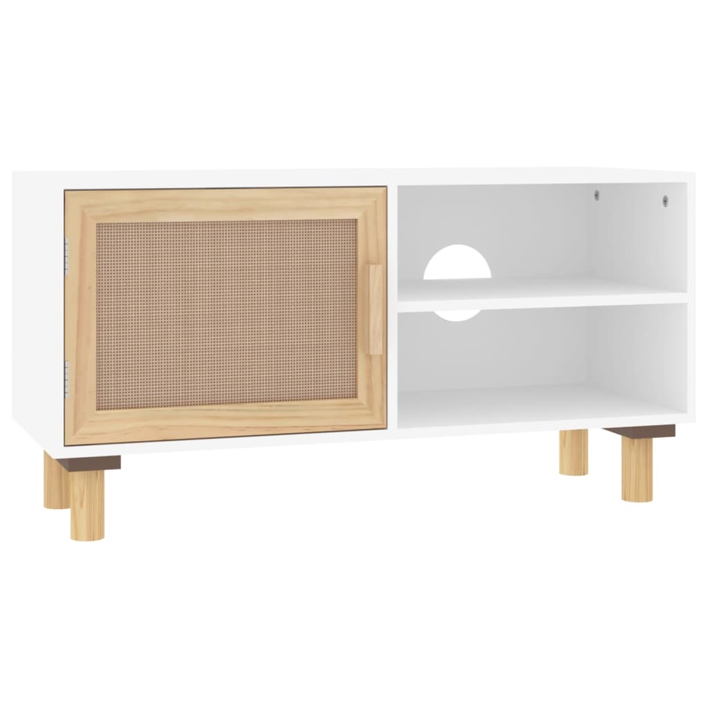 fehér tömör fenyő és természetes rattan TV-szekrény 80x30x40 cm