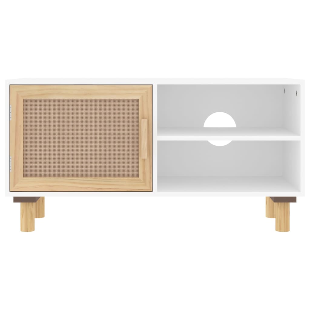 fehér tömör fenyő és természetes rattan TV-szekrény 80x30x40 cm
