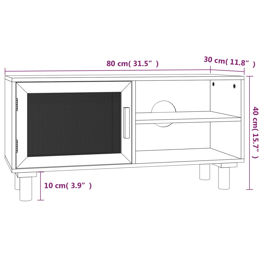 fehér tömör fenyő és természetes rattan TV-szekrény 80x30x40 cm