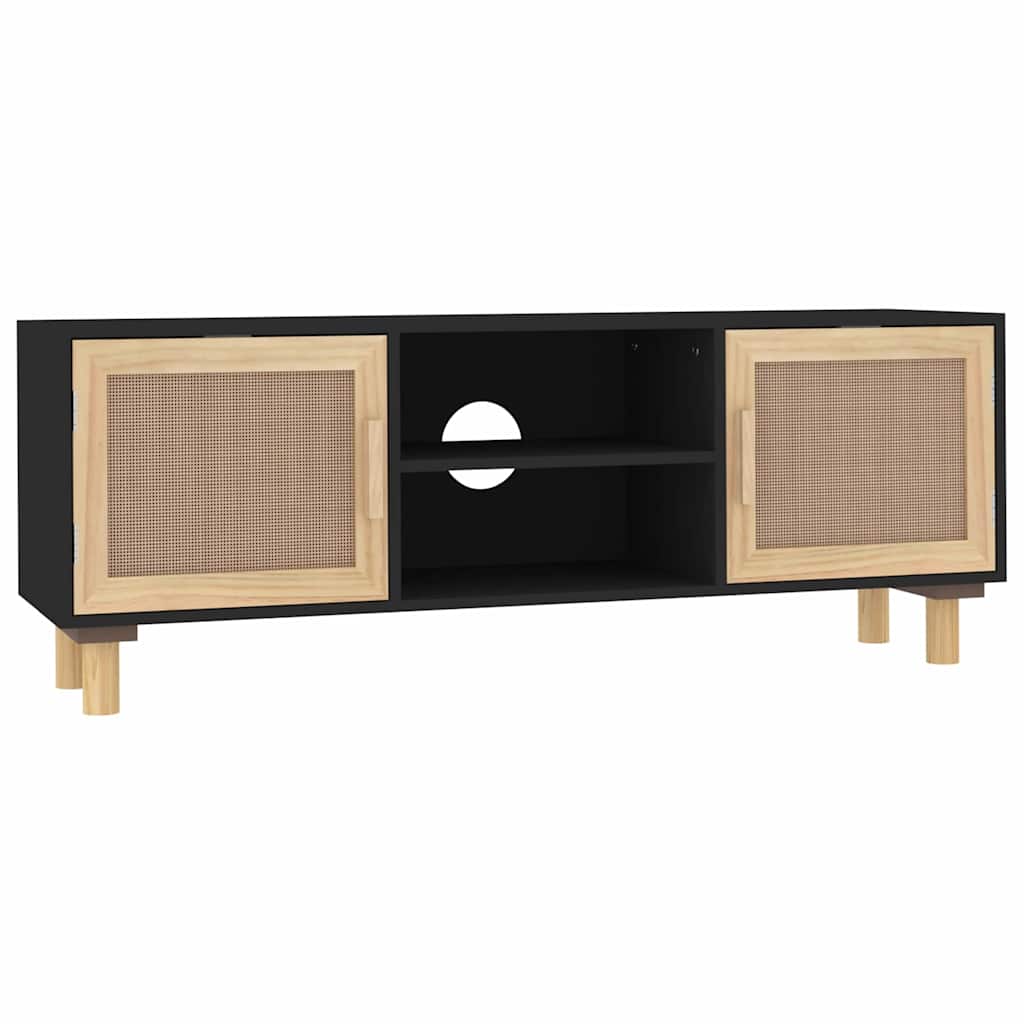 fekete fenyőfa és természetes rattan TV-szekrény 105x30x40 cm