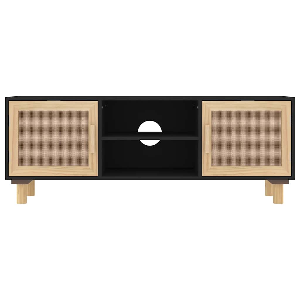 fekete fenyőfa és természetes rattan TV-szekrény 105x30x40 cm