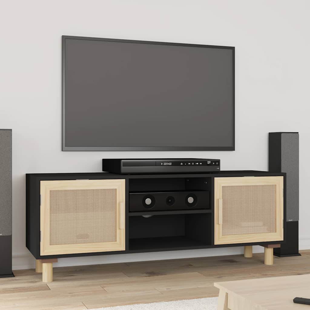 fekete fenyőfa és természetes rattan TV-szekrény 105x30x40 cm