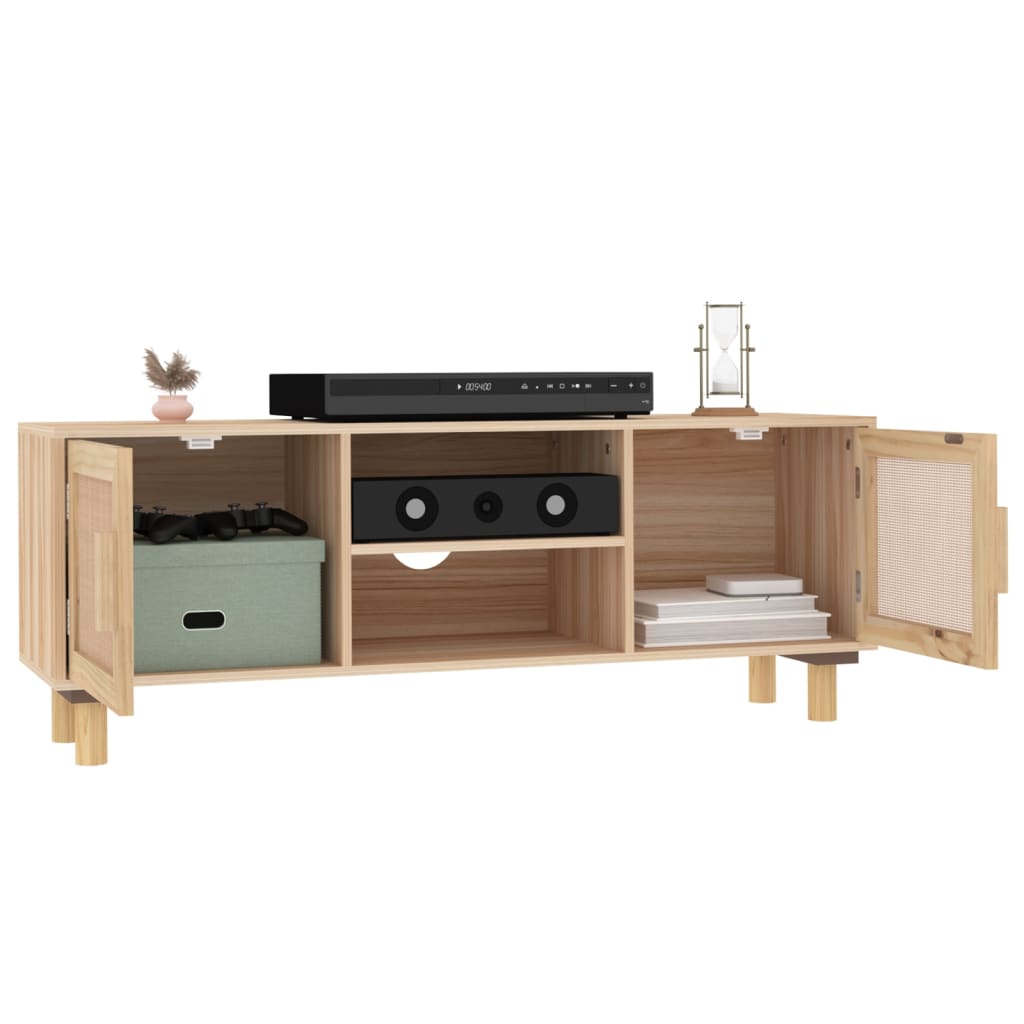 barna fenyőfa és természetes rattan TV-szekrény 105x30x40 cm