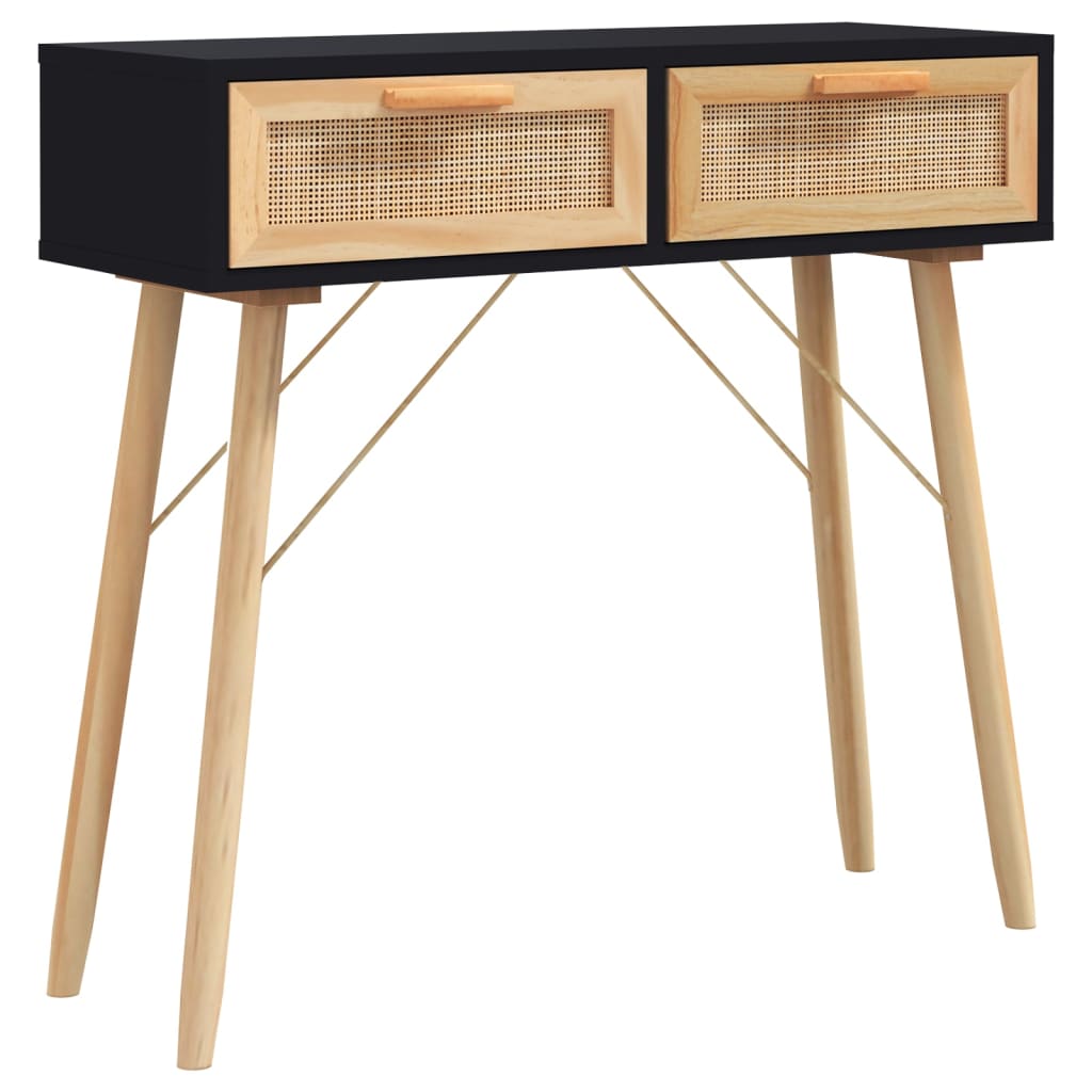 fekete tömör fenyő és természetes rattan tálaló 80x30x75 cm