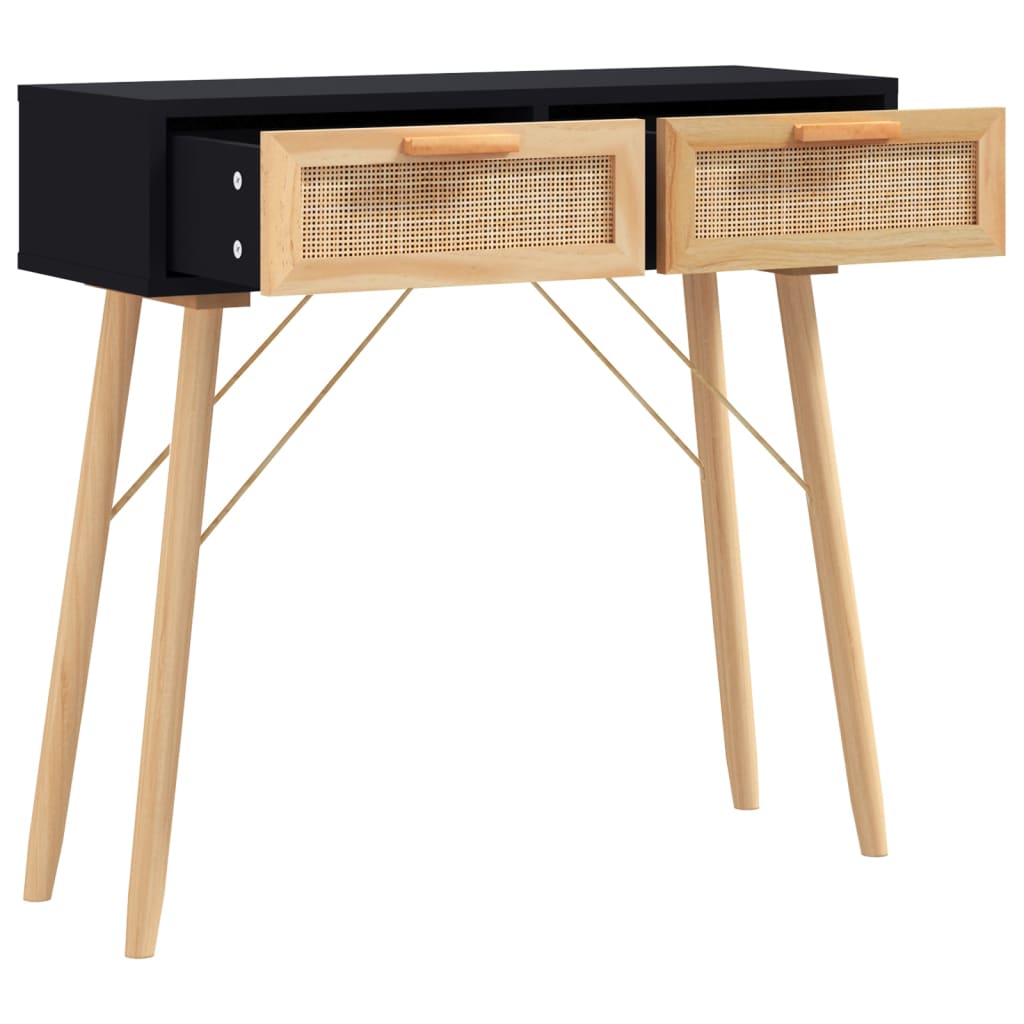 fekete tömör fenyő és természetes rattan tálaló 80x30x75 cm