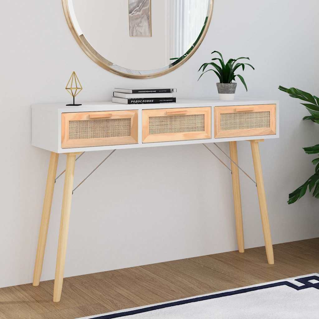 fehér tömör fenyő és természetes rattan tálaló 105x30x75 cm