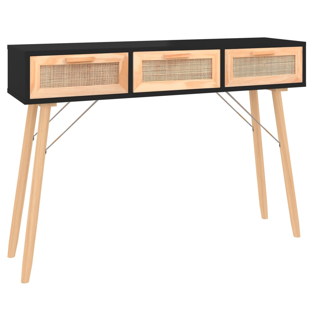 fekete tömör fenyő és természetes rattan kisasztal 105x30x75 cm
