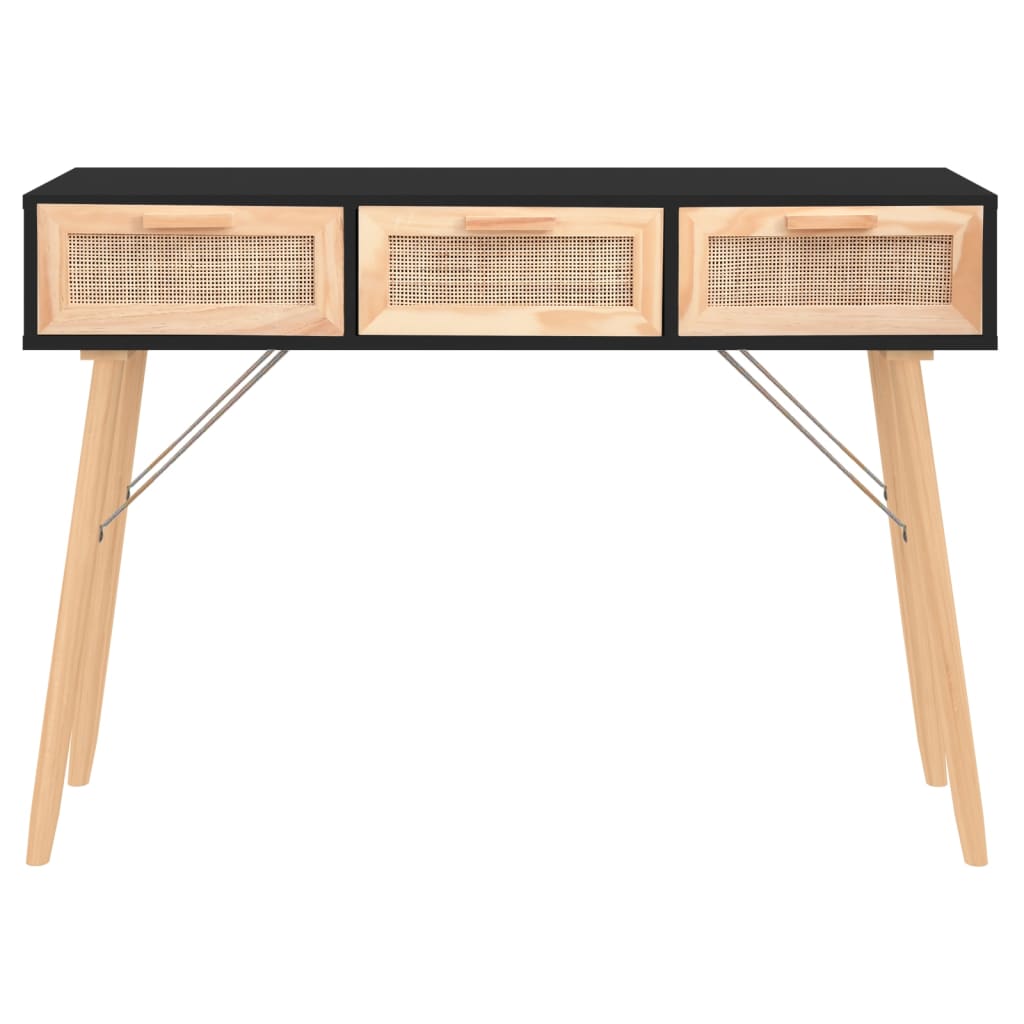 fekete tömör fenyő és természetes rattan kisasztal 105x30x75 cm