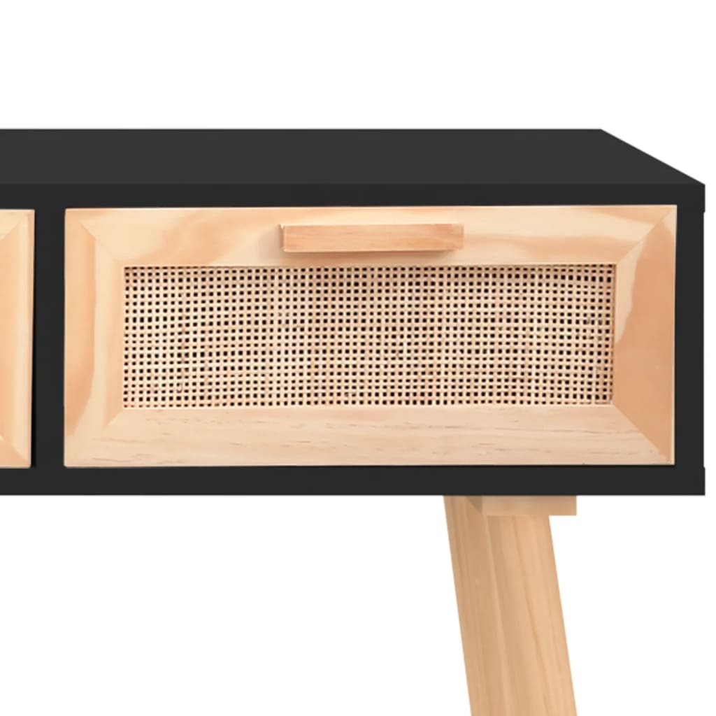 fekete tömör fenyő és természetes rattan kisasztal 105x30x75 cm