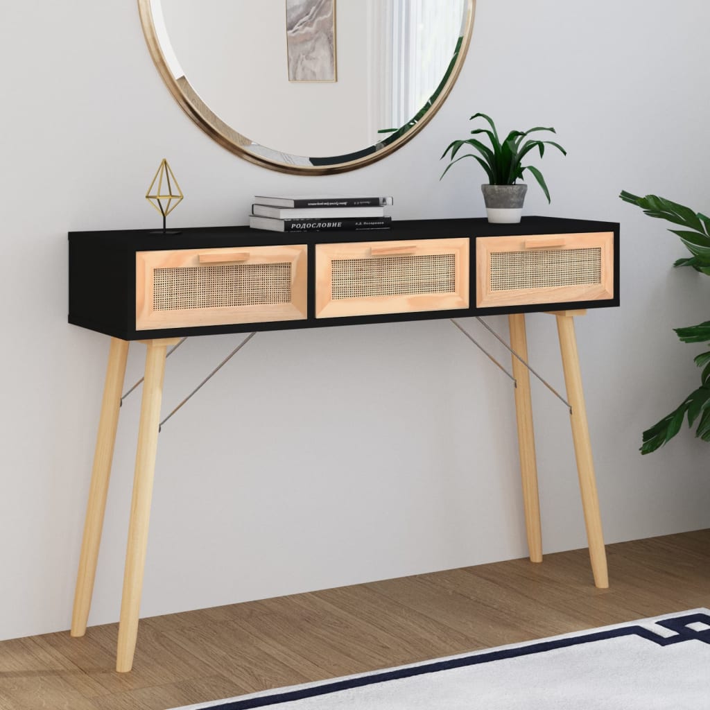 fekete tömör fenyő és természetes rattan kisasztal 105x30x75 cm
