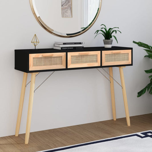 fekete tömör fenyő és természetes rattan kisasztal 105x30x75 cm