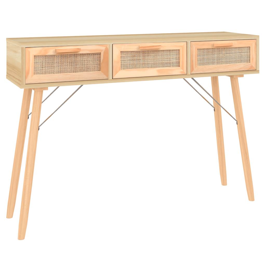 barna tömör fenyő és természetes rattan kisasztal 105x30x75 cm