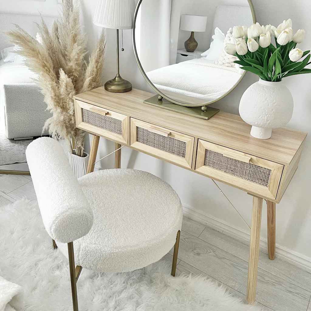 barna tömör fenyő és természetes rattan kisasztal 105x30x75 cm