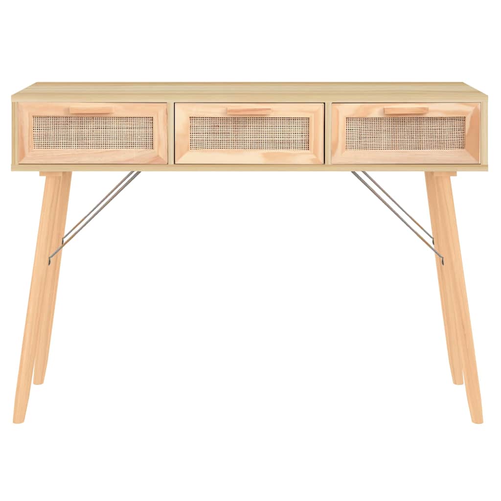 barna tömör fenyő és természetes rattan kisasztal 105x30x75 cm