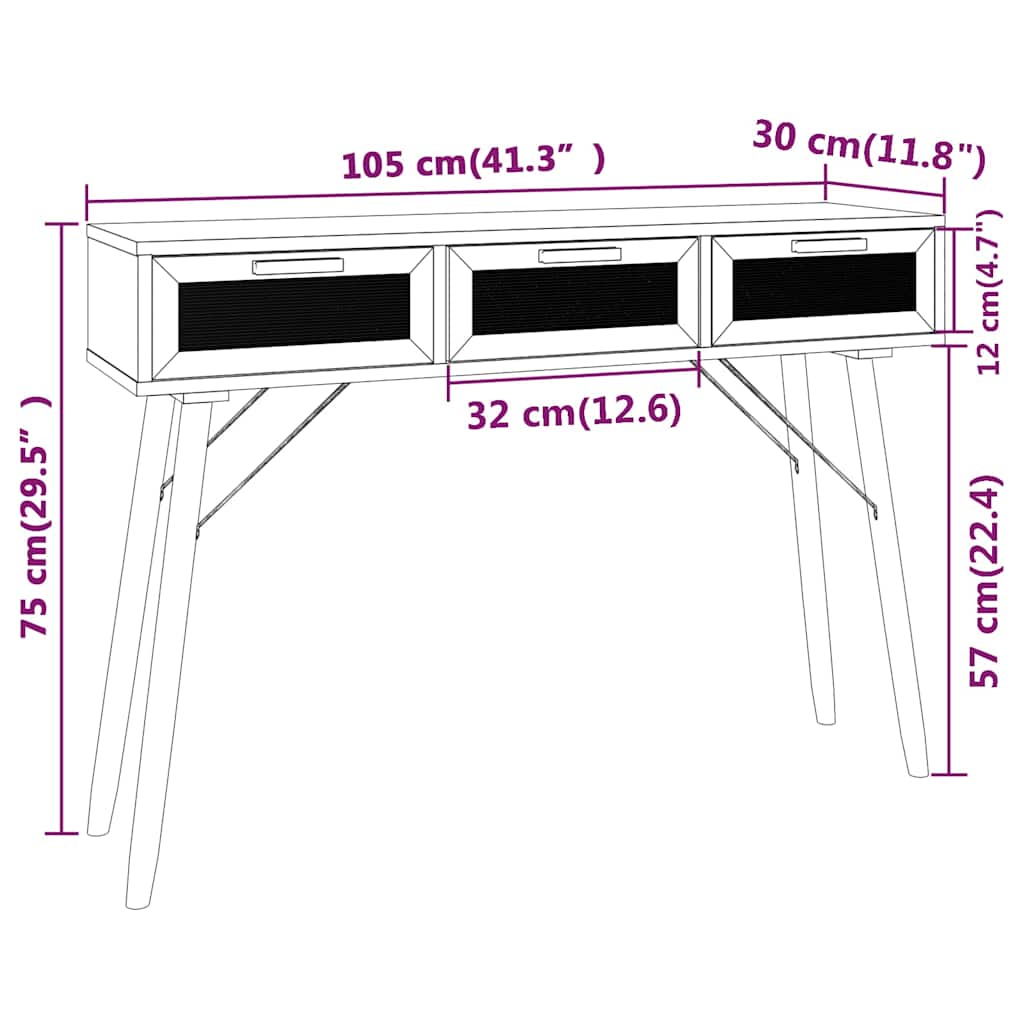 barna tömör fenyő és természetes rattan kisasztal 105x30x75 cm