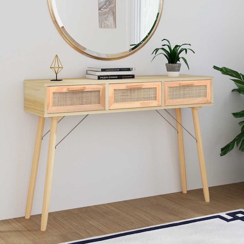 barna tömör fenyő és természetes rattan kisasztal 105x30x75 cm